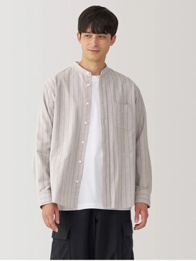 Muji Men's Washed Oxford Stand Collar Long Sleeve Shirt - Large